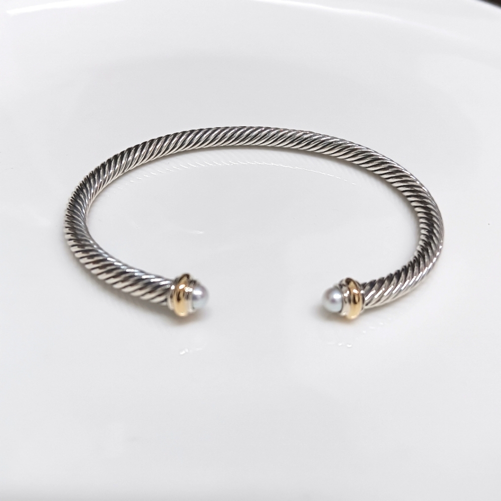 David Yurman 4mm Silver and 18k Gold Cable-Bracelet With Pearls